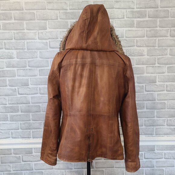 Black Rivet Brown Leather Hooded Jacket Coat Faux Fur Flannel Lined Rugged XL - Picture 3 of 9